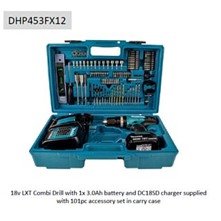 Makita DHP453FX12 18v LXT Combi Hammer Drill  1x 3.0Ah Li-ion Battery (101 Pc Bit Set, Charger & Case)